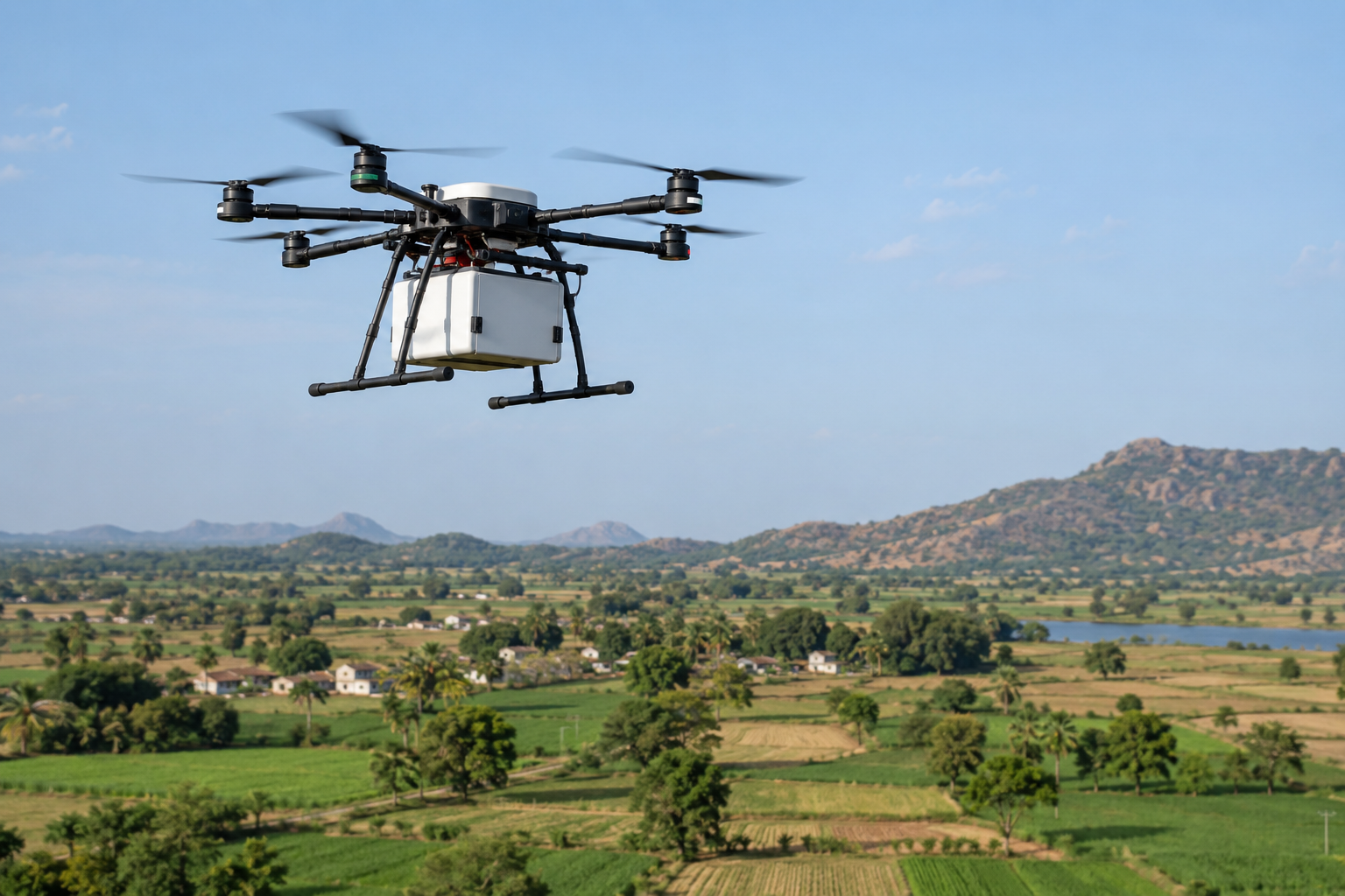 Cargo drone above rural countryside