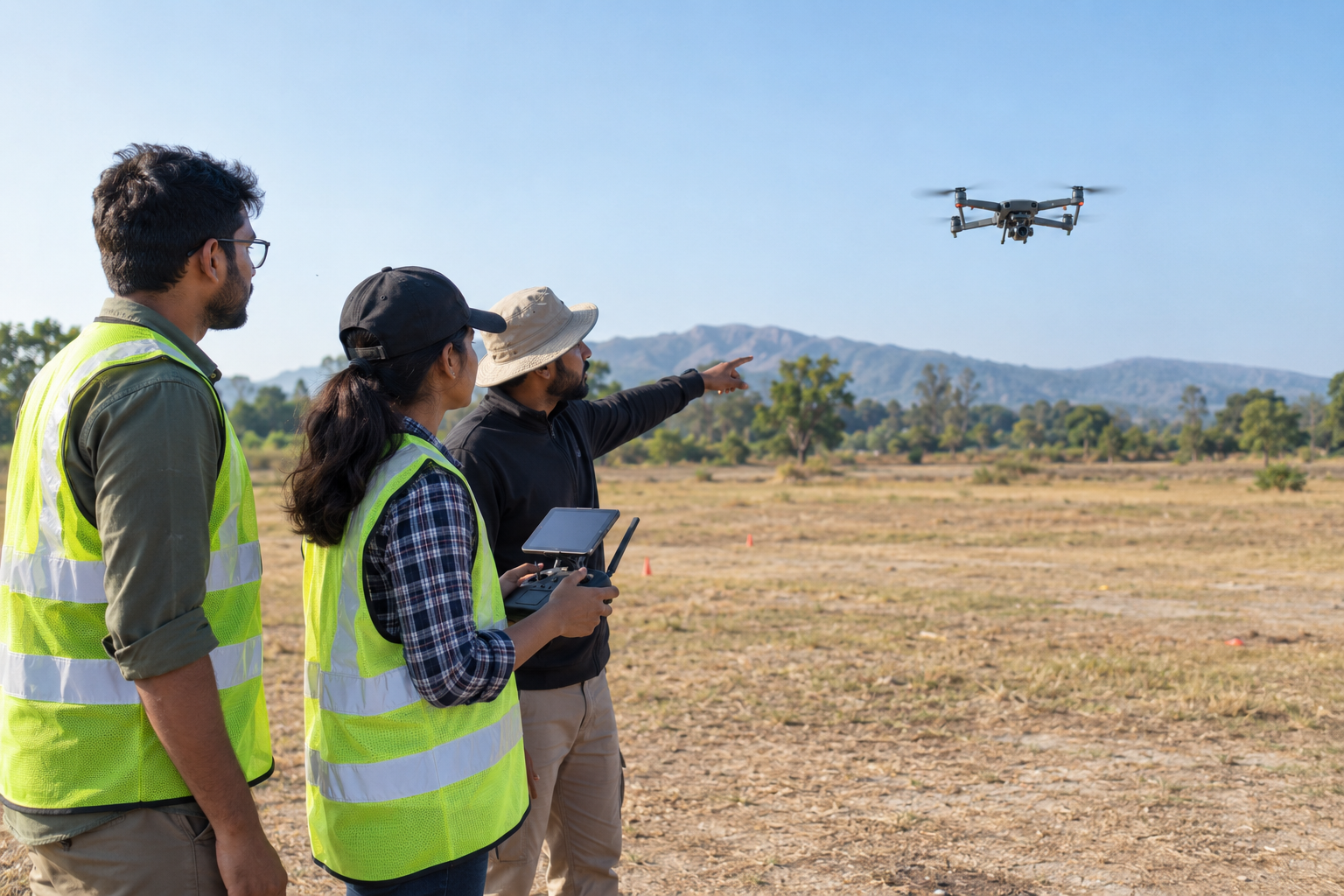 Drone pilots at an outdoor training field